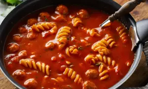 Gęsty, pomidorowy sos do potrawki z klopsikami i makaronem fusilli w czarnej patelni.