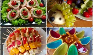 Kolorowe przekąski na urodziny dziecka: kanapeczki biedronki, jeżyk z owoców, szaszłyki warzywne i galaretki w pomarańczach.