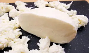Kawałek świeżej mozzarelli, otoczony postrzępionymi kawałkami sera. Idealny do sałatek, a jego mozzarella kcal sprawia, że jest zdrowym wyborem.