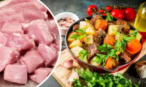 Świeże, pokrojone w kostkę mięso wieprzowe obok aromatycznego gulaszu z warzywami, idealne na sos z szynki wieprzowej.