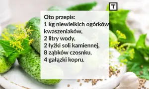 Przepis na ogórki małosolne: 1 kg ogórków, 2 litry wody, 2 łyżki soli kamiennej, czosnek i koper. Idealna ilość soli na litr wody do ogórków małosolnych.