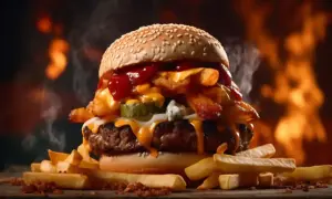 Soczysty burger z serem, frytkami i piklami, polany obficie sosem amerykańskim, na tle płomieni.