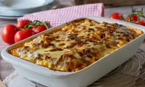 Pyszna zapiekanka makaronowa z mięsem mielonym w sosie śmietanowym, ze złotą, ciągnącą się serową pierzynką.