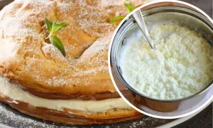 Prosty krem z mascarpone bez śmietany, idealny do ciasta. W garnku widać jego kremową konsystencję.