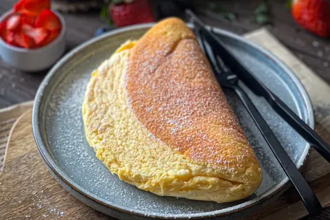 Puszysty omlet bez mąki, posypany cukrem pudrem, czeka na talerzu obok widelca i noża. W tle widać miseczkę z truskawkami.