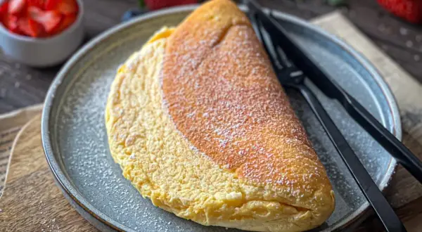 Puszysty omlet bez mąki, posypany cukrem pudrem, czeka na talerzu obok widelca i noża. W tle widać miseczkę z truskawkami.