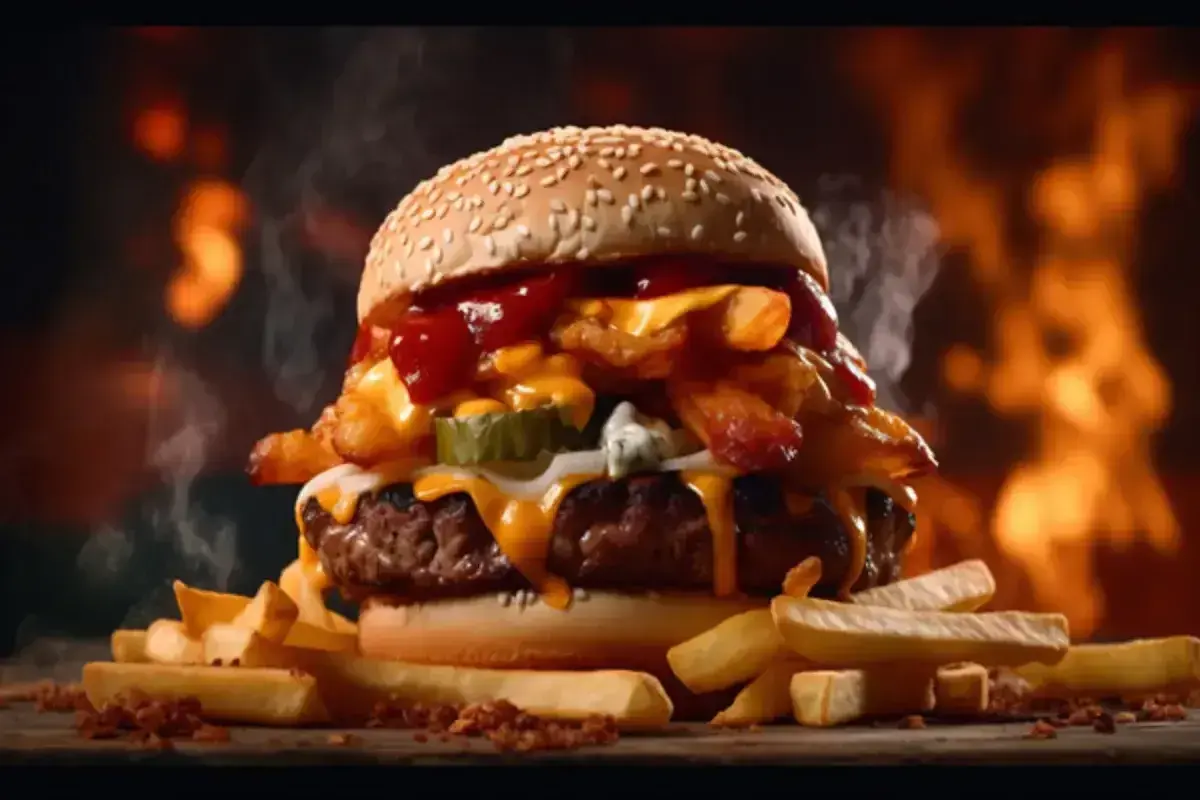 Soczysty burger z serem, frytkami i piklami, polany obficie sosem amerykańskim, na tle płomieni.