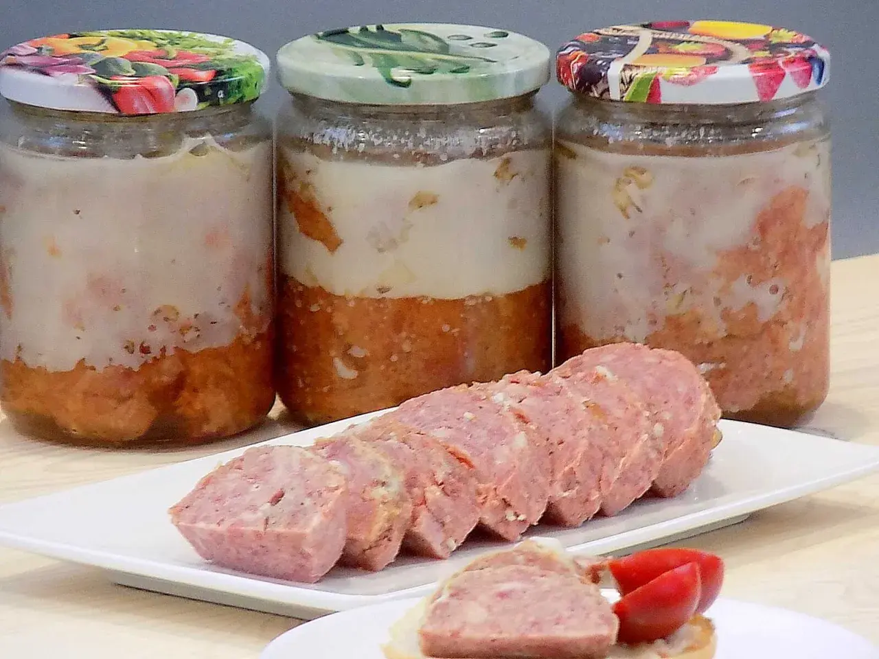 Trzy słoiki domowej kiełbasy w galarecie, obok pokrojona kiełbasa na talerzyku.