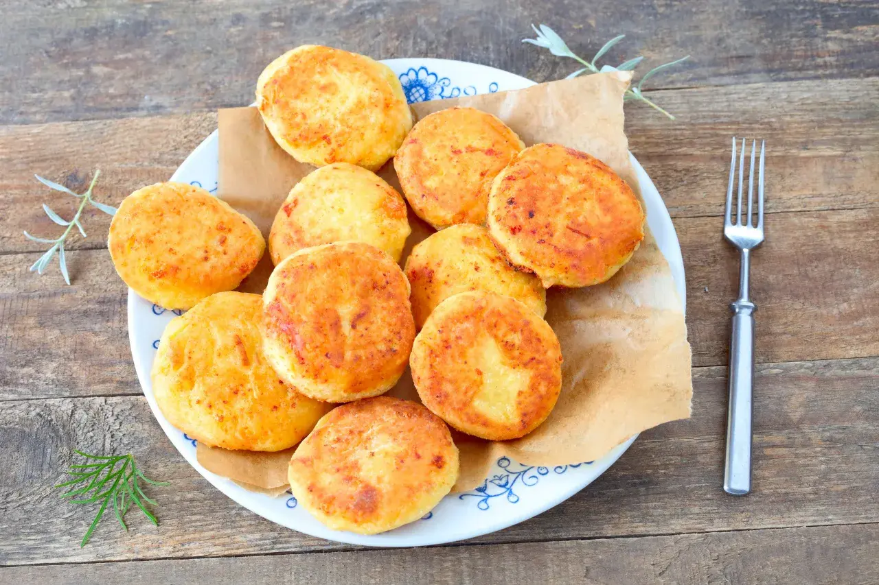 Talerz pełen złotych, puszystych arepas, ułożonych na brązowym papierze. Obok widelec i gałązki ziół.