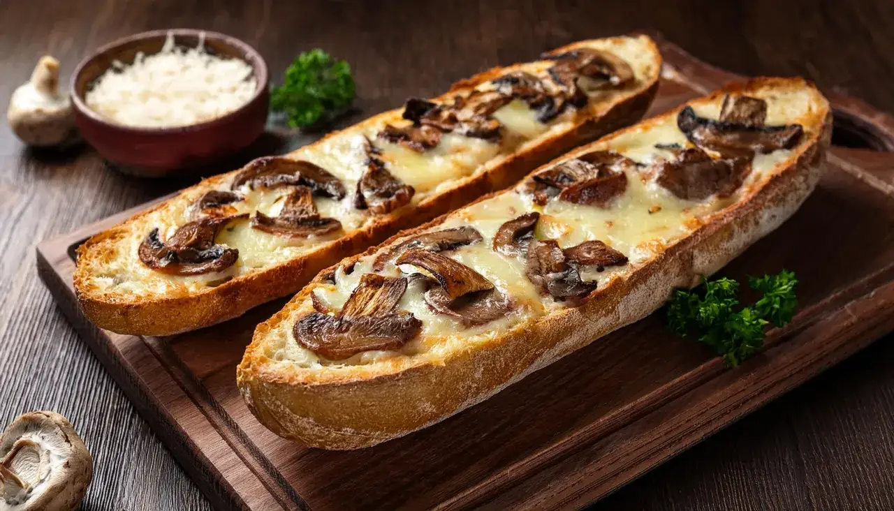 Dwie chrupiące zapiekanki z airfryer z pieczarkami i ciągnącym się serem, podane na drewnianej desce.