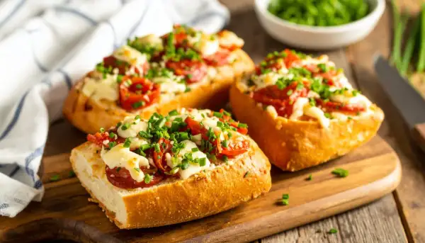 Pyszne zapiekanki z airfryer: chrupiące bagietki z serem, pomidorkami i szczypiorkiem. Idealne na szybką przekąskę.